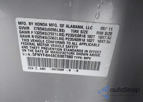2012 Honda Pilot Ex from USA, damaged, VIN 5FNYF4H48CB007980